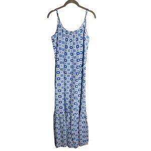 Loft Women's Size Small Blue and White Strappy Flounce Linen Blend Maxi Dress